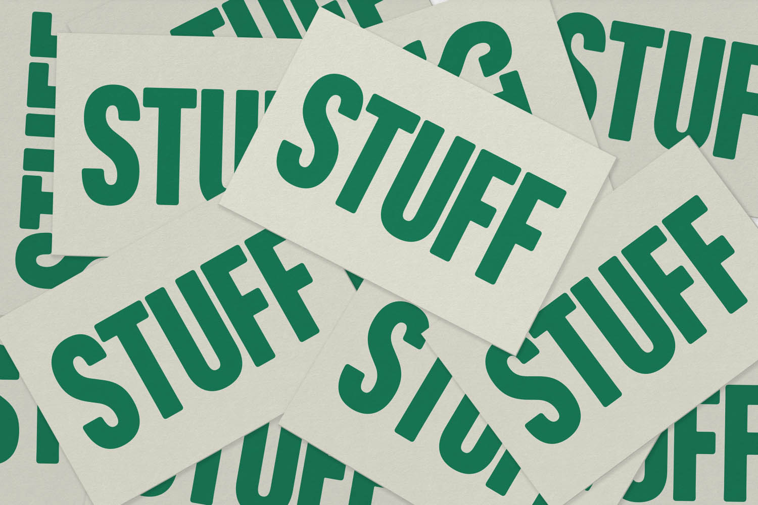 A pile of postcards with the word 'Stuff' printed on each one